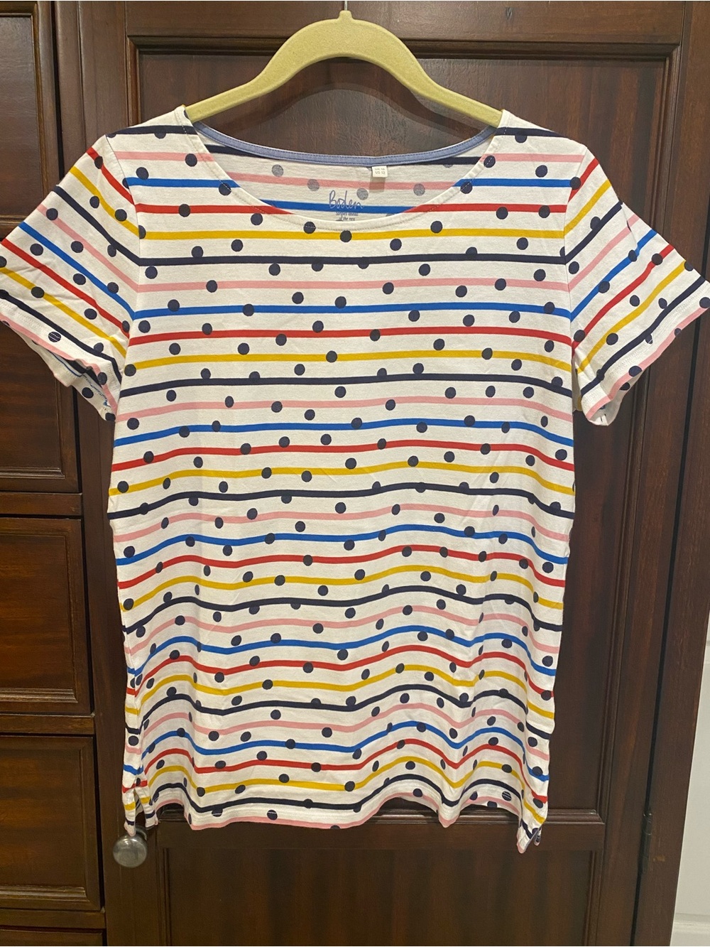 Boden White Short Sleeve Tee with Multicolor Stripes & Navy Dots